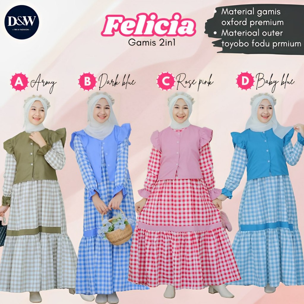Felicia Gamis 2in1, Gamis Anak Perempuan size 8 10 12 14 Tahun