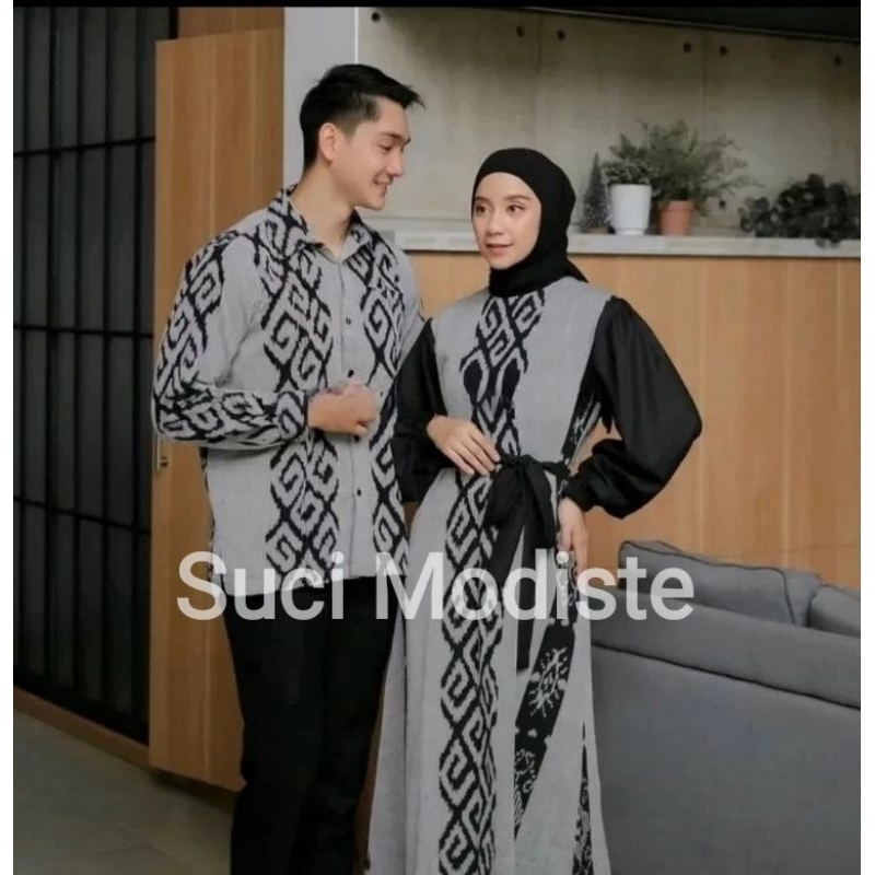 Couple Baju Tenun abu abu model gamis - baju muslimah dan kemeja pria dewasa - cocok buat acara resm
