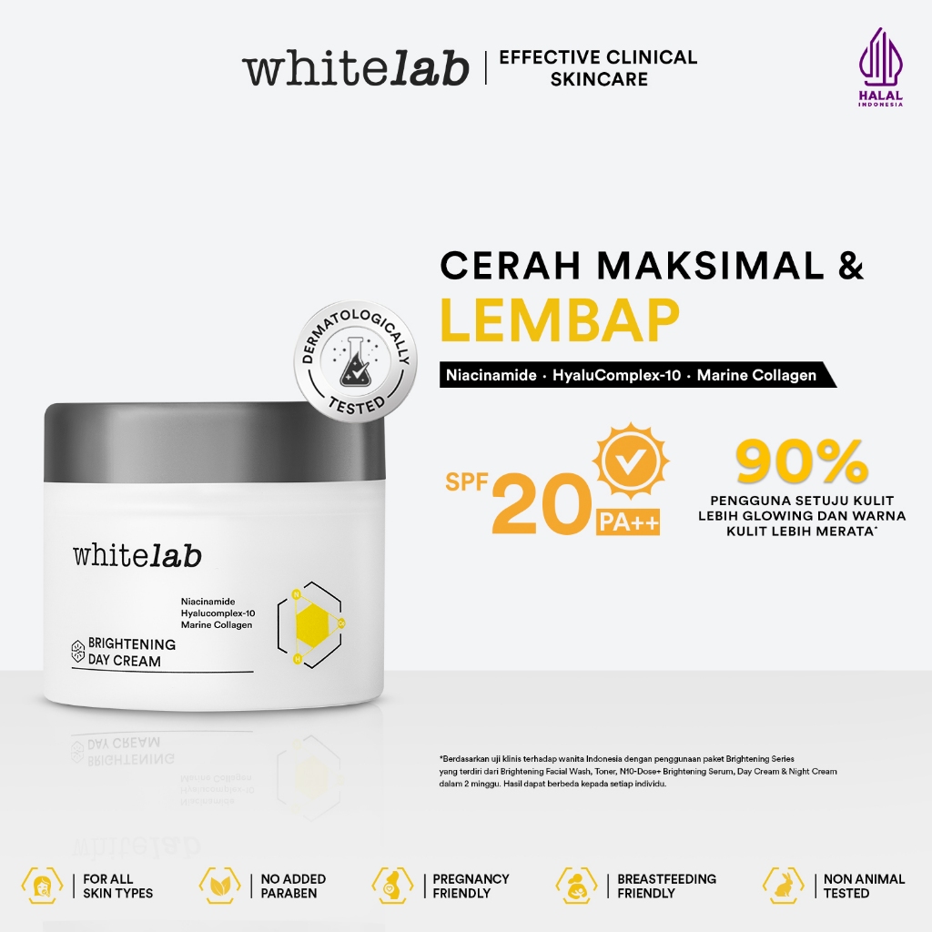 Foto Whitelab Brightening Day Cream - Pelembap Krim Pagi Pencerah Wajah Untuk Kulit Kering Dengan Niacinamide, Hyaluronic & Collagen [BPOM]