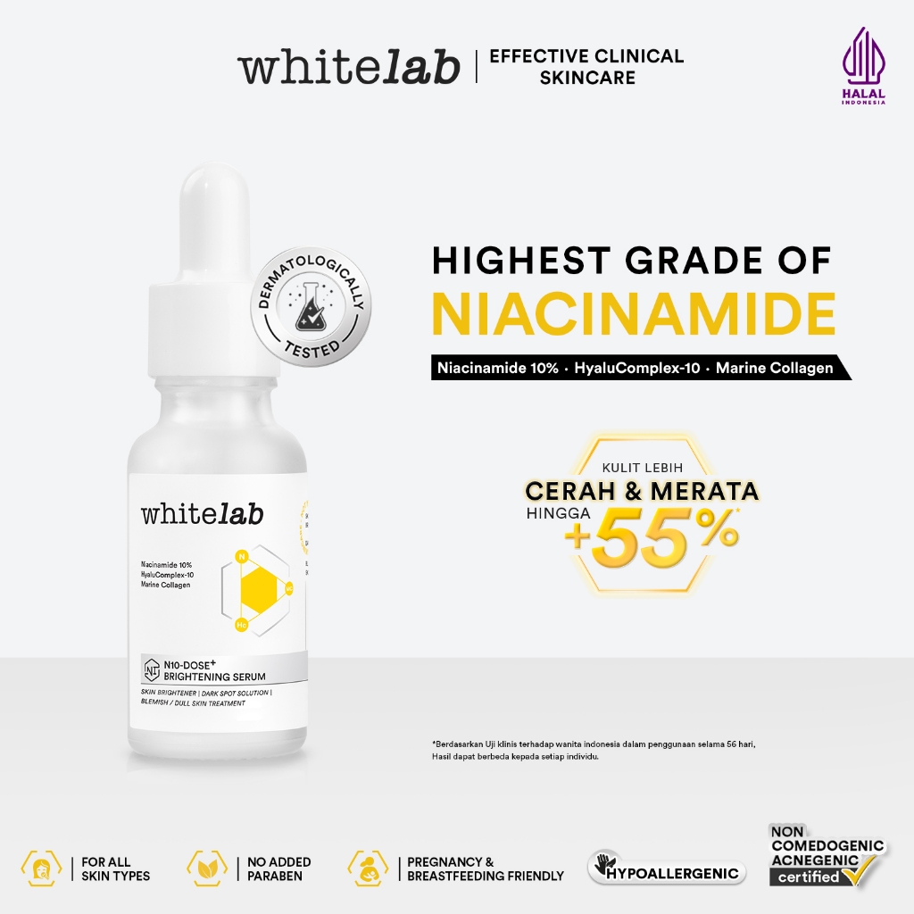 Foto Whitelab N10-Dose+ Intense Brightening Serum Niacinamide 10% - Serum Pencerah Wajah Intensif Dengan Niacinamide, Hyaluronic & Collagen [BPOM]