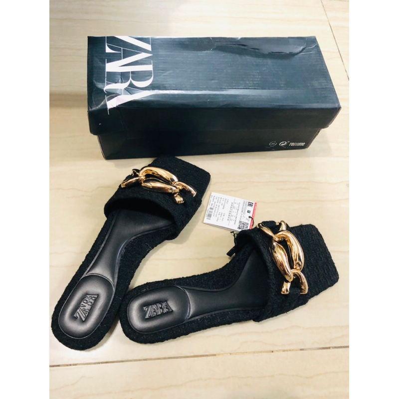 New - Sandal Zara Flat Teplek Chain Hitam size 38
