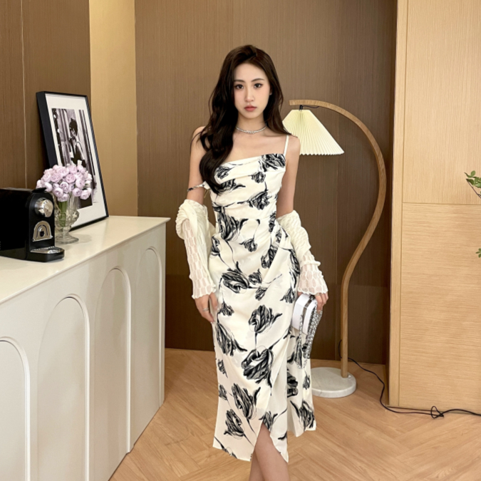 midi dress prom sling Elegant Pas Body korean style iner dress tanpa lengan vintage beige mewah cant