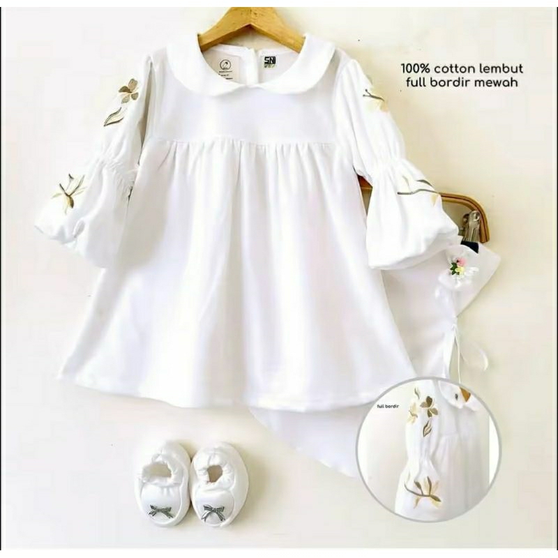Gamis bayi perempuan putih set,gamis bayi akikah newborn, dress bayi putih,gaun aqiqah newborn,baju 