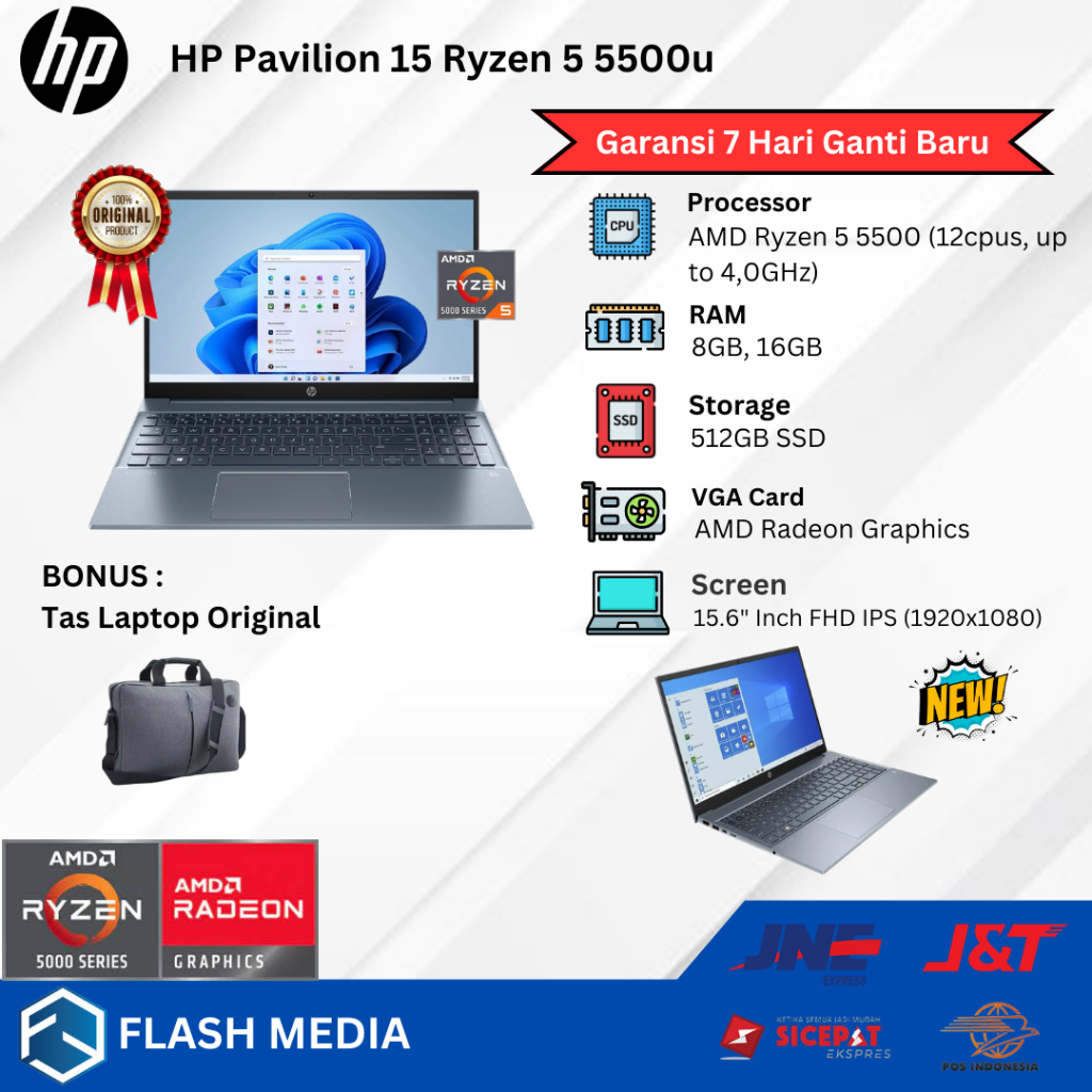 Laptop Baru Hp 15-ehxxxx Ryzen 5 5500U 4.0 Ghz (12 cpus) RAM 16GB SSD 512GB Layar IPS