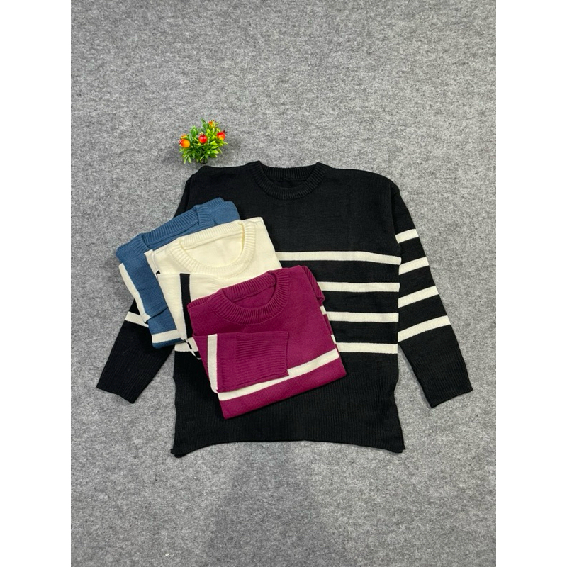 VIOLA SWEATER OVERSIZE KNIT STRIPE | atasan baju rajut wanita motif garis lengan panjang