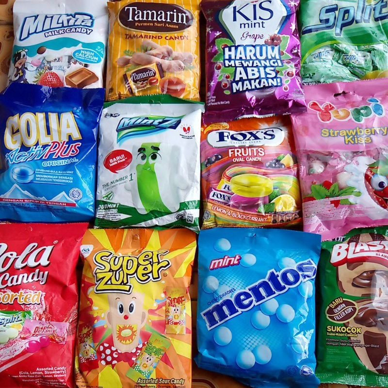 

Aneka Permen 1pack Kemasan Merk Kopiko/ Tamarin/ Yupi/ Antangin/ Mintz/ Mentos/ Fox/ Kiss/ Big Babol dll