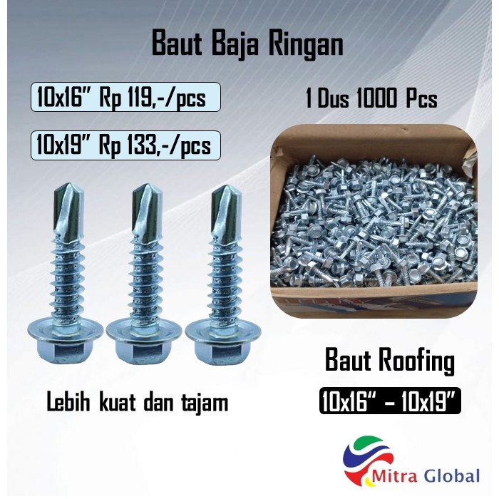 Baut Baja Ringan / Baut Skrup Baja Ringan 10x16 10x19 Termurah 1000 Pcs Mild Steel Bolts Roofing Sek