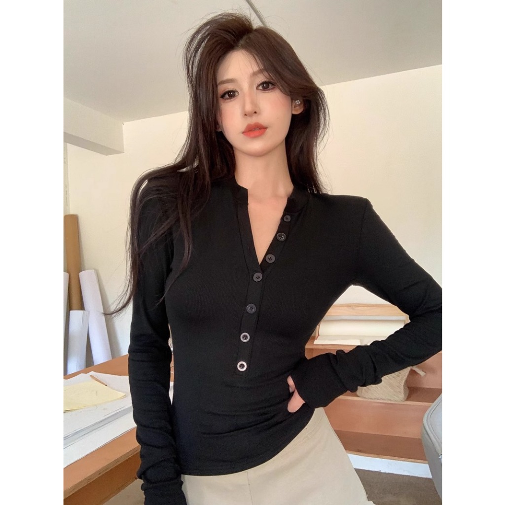 Kaos kancing hitam lengan panjang/t-shirt gadis seksi polos/atasan sexy hot girl rajut premium/kaos 