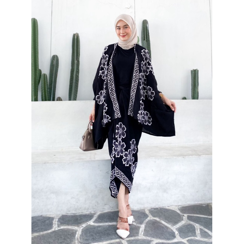 SET KEBAYA MODERN ONE SET BATIK OUTER ROK LILIT KIMONO WANITA RAYON GLOYOR OVERSIZE MOTIF