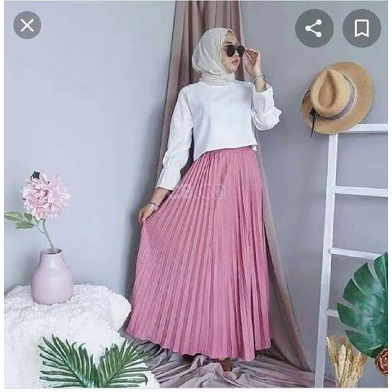 Warna Pink Merah Muda Cerah Rok Plisket Wanita Premium Kekinian Import