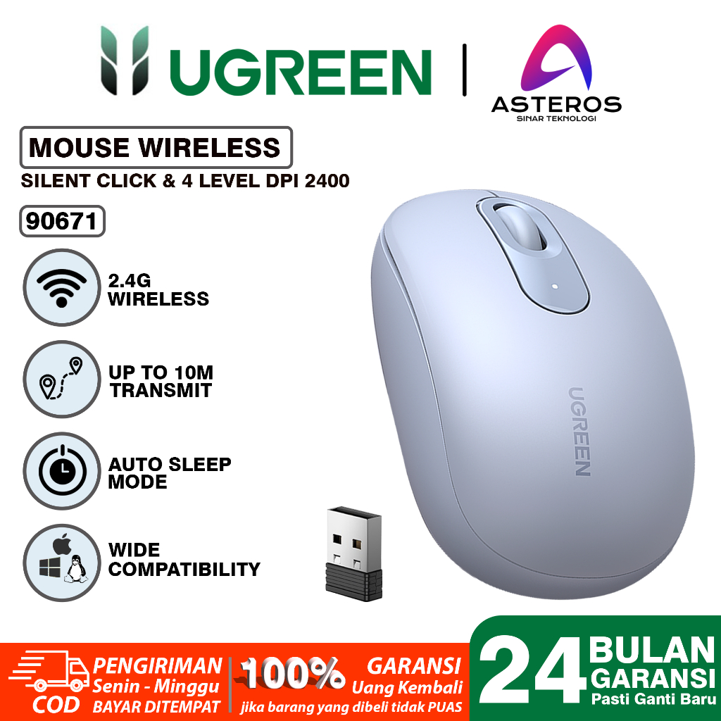 UGREEN Mouse Ergonomic Wireless Bluetooth 2 IN 1 Koneksi Silent Click For Komputer Laptop-90671 BLUE DONGLE