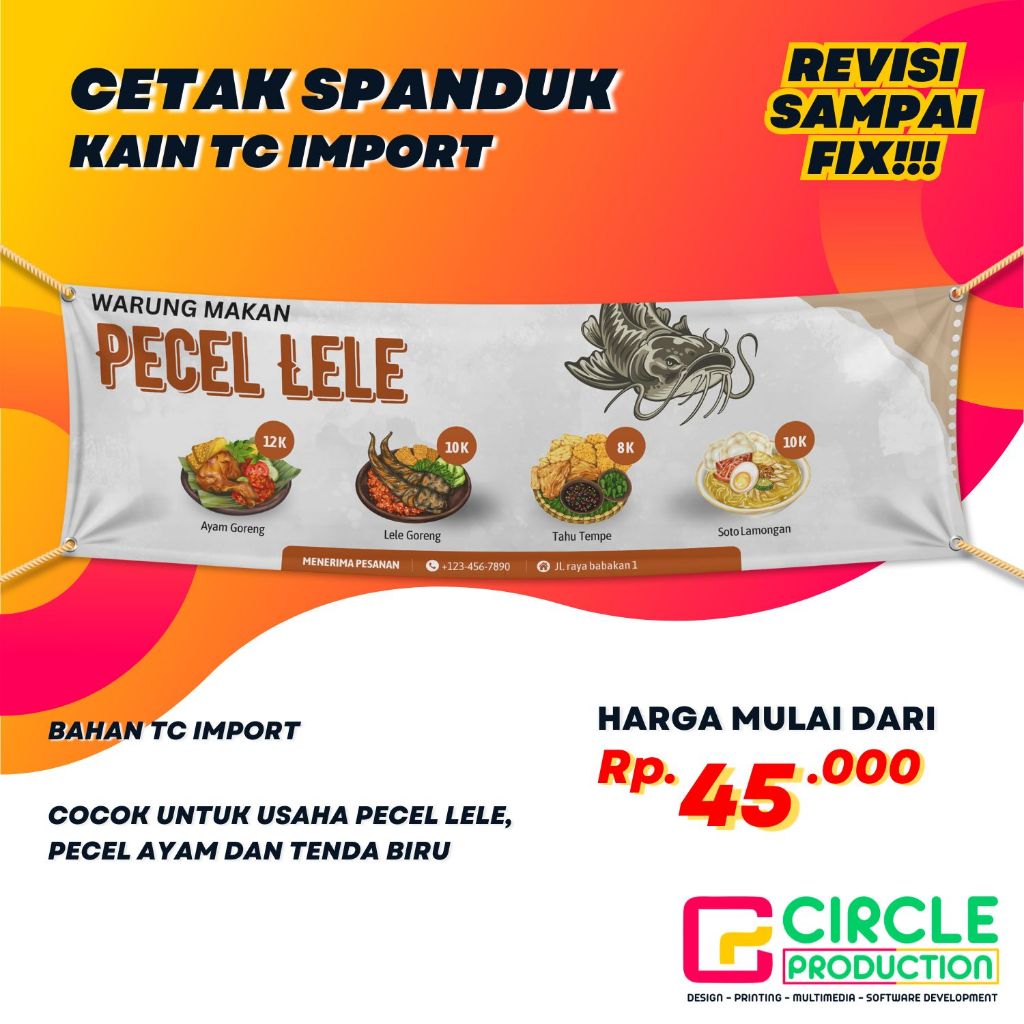 CETAK SPANDUK KAIN | MURAH GRATIS DESIGN, REVISI SAMPAI ACC | SPANDUK PECEL LELE/AYAM