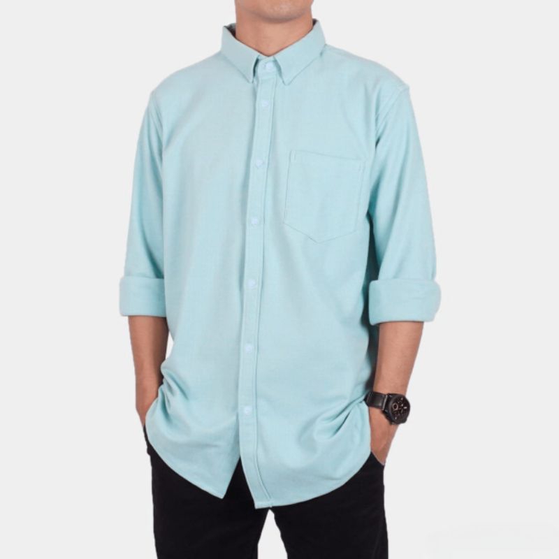 Kemeja Biru Muda Lengan Panjang Hem Pria Polos Blue Sky Casual Slimfit