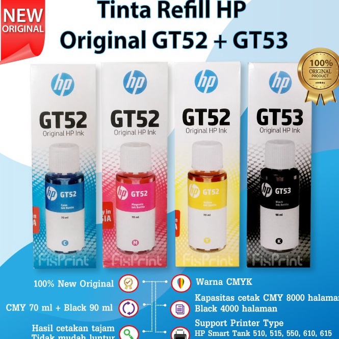 Terlaris Tinta HP Original GT52 Yellow Cyan magenta Black MH56A 7ml Printer Ink Tank 115 315 415 319