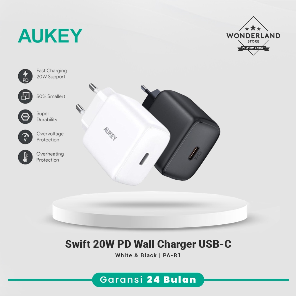 Aukey Swift 20W Adaptor Charger iPhone Fast Charging 20W USB-C Minima Nano Power Delivery PD3.0 PA-R1 - Wonderland Store Malang
