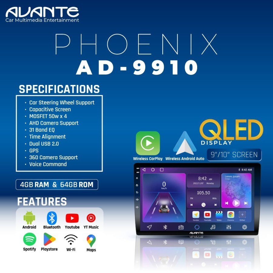 Head unit android Avante AD 9910 Phoenix 4/64 GB 9-10 Inch by Pioneer