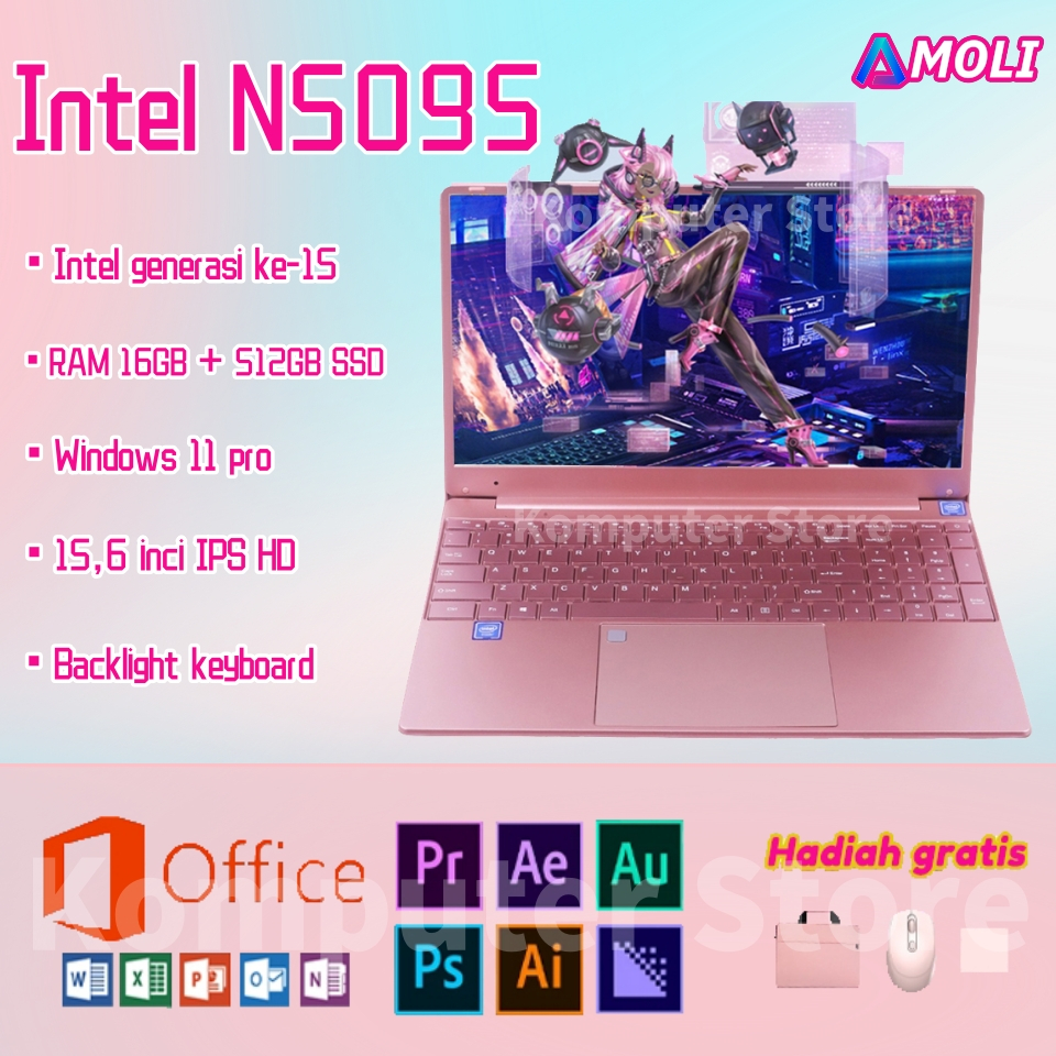 AMOLI「2024 Terbaru」 Pink Laptop Intel Celeron N5095 RAM 16GB + 512GB SSD Window 11 Pro office gaming