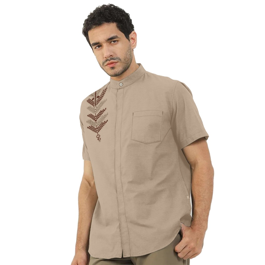 Al Jabari - Baju Koko Pria Dewasa Lengan Panjang Lengan Pendek / Baju Muslim Pria Bordir Motif Simple Bahan Katun Mikro Premium-Beige