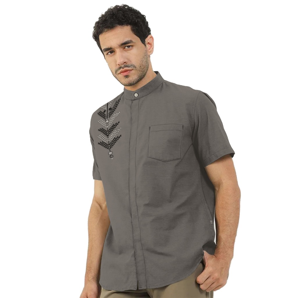Al Jabari - Baju Koko Pria Dewasa Lengan Panjang Lengan Pendek / Baju Muslim Pria Bordir Motif Simple Bahan Katun Mikro Premium-Dark Grey