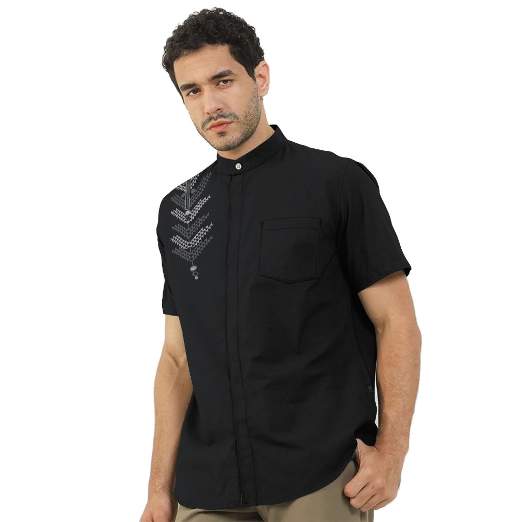 Al Jabari - Baju Koko Pria Dewasa Lengan Panjang Lengan Pendek / Baju Muslim Pria Bordir Motif Simple Bahan Katun Mikro Premium-Black