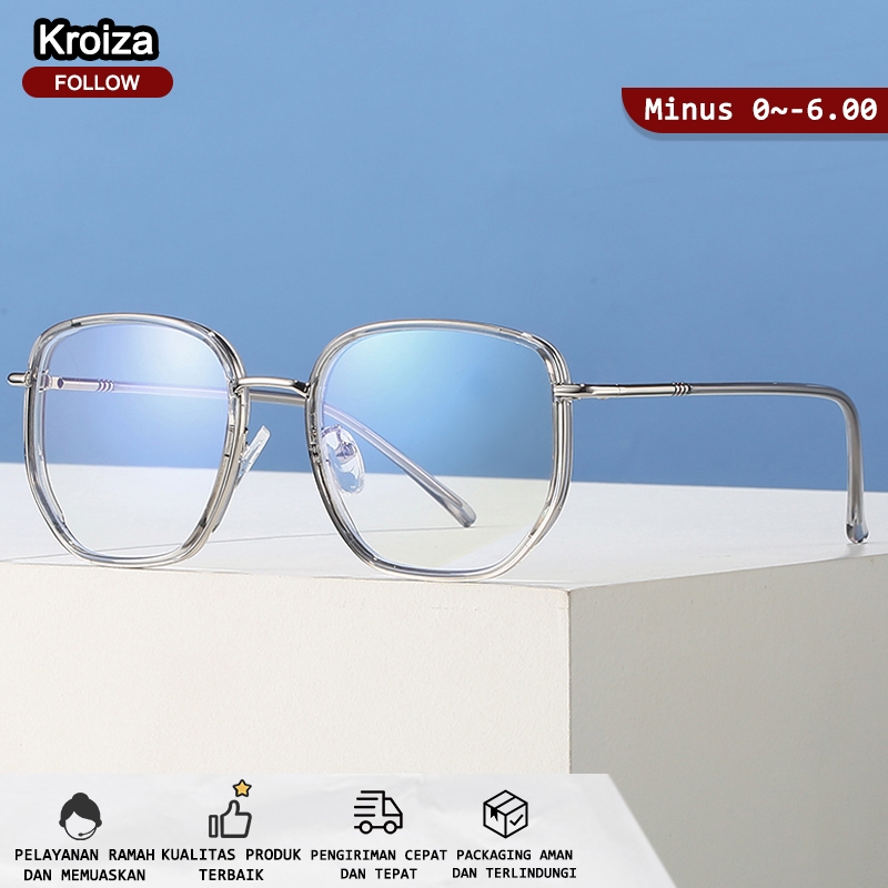 Frame Kacamata Minus Blueray Wanita Pria Cowok Fashion Besi Kotak Photocromic Anti Radiasi Oversized