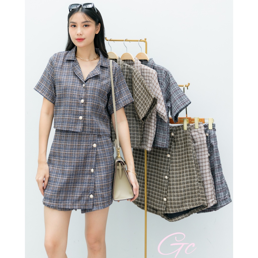 Tweed One Set Top Blazer + Skort Setelan Korea Atasan Blazer + Rok Celana Tweed