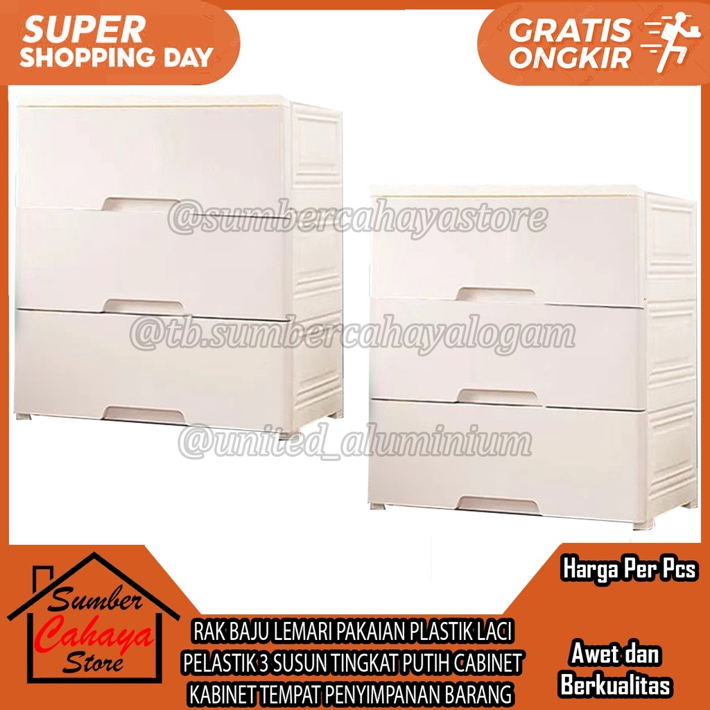 [Kargo] RAK BAJU LEMARI PAKAIAN PLASTIK LACI RODA PELASTIK PLASTIC 3 SUSUN TINGKAT PUTIH SUNXIN STOR