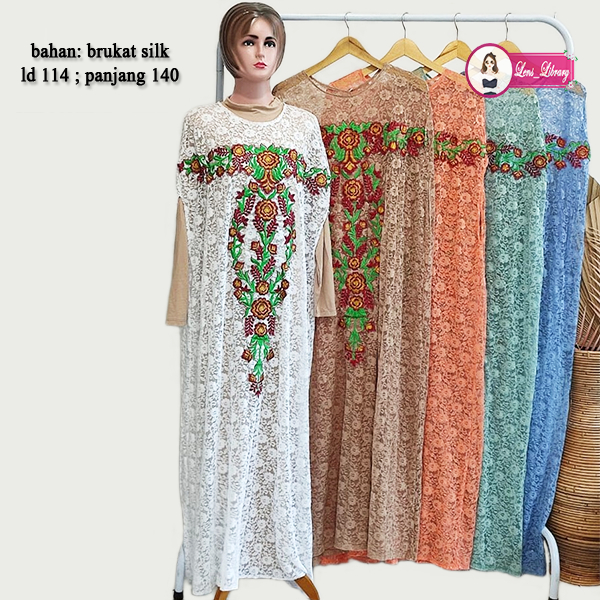 Kaftan Brukat Silk Tanpa Lengan Baju Dress Wanita Motif Full Bordir Model Jumbo All Size Baju Kondan