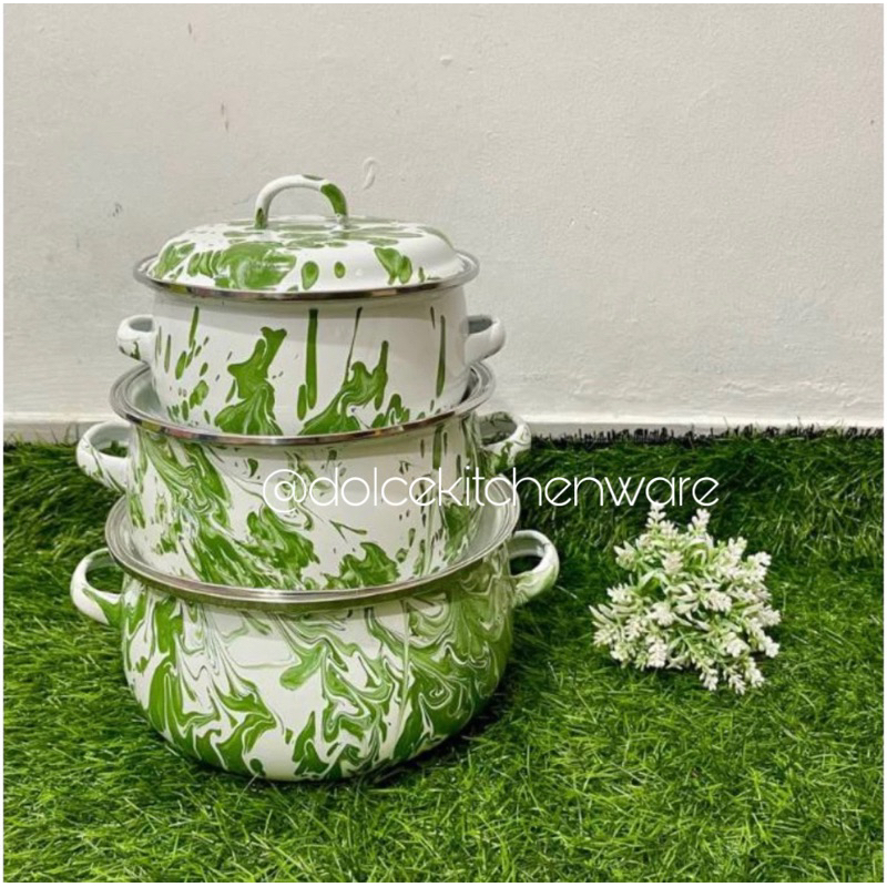 Panci Enamel Jadul Blirik Lurik Hijau Set Isi 3 16 18 20 cm
