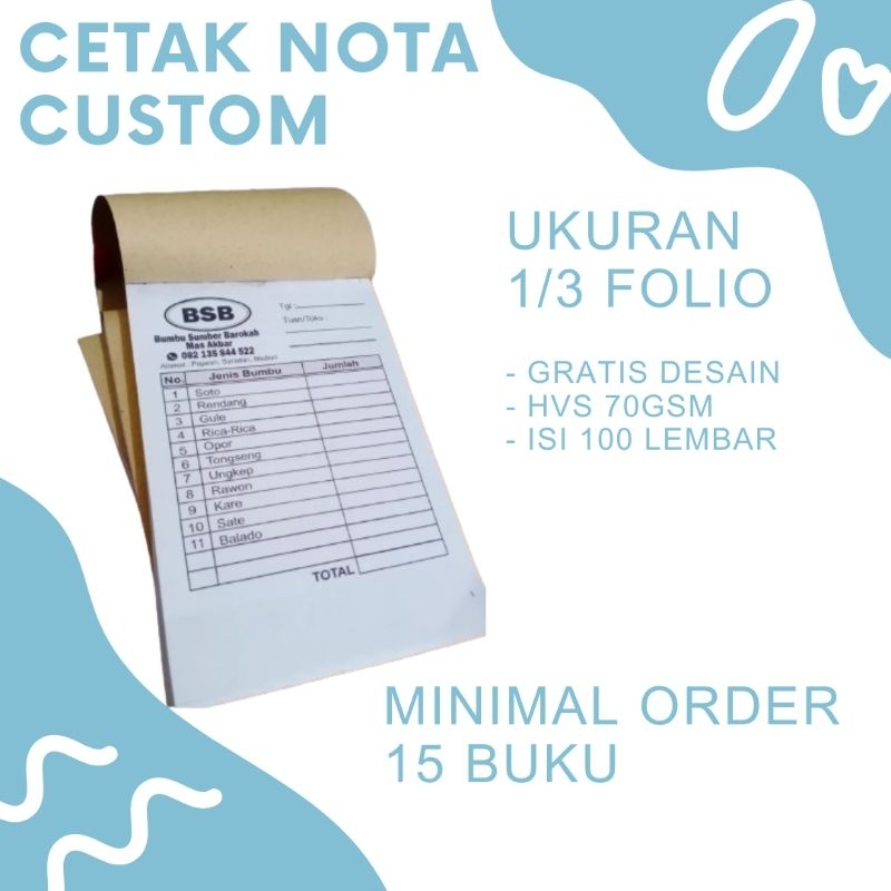 

Nota Custom 1/3 Folio 1 PLY Bahan HVS Murah Nota Olshop Dagang Usaha Nota Kecil A6