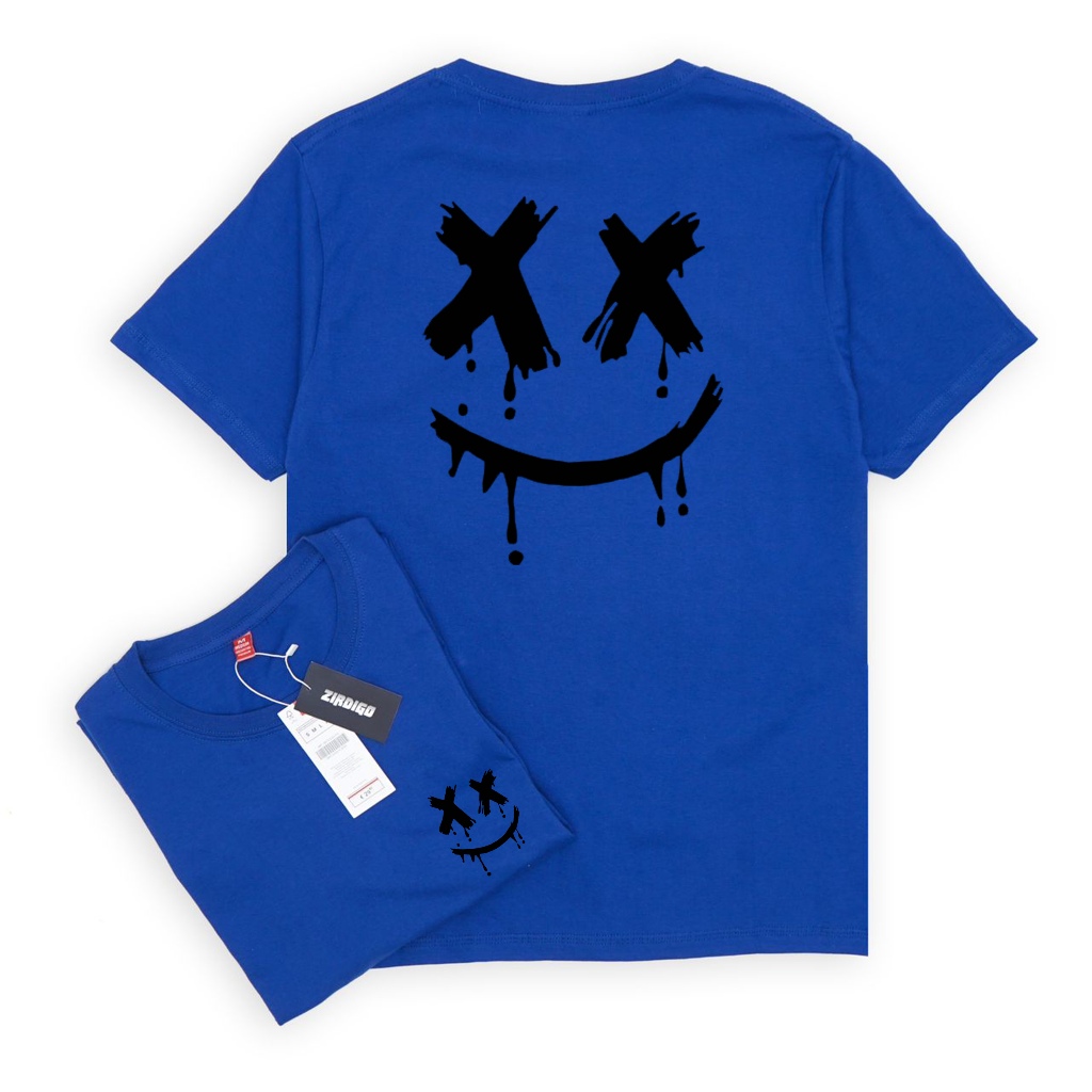 Zirdigo Kaos Distro Smile XX Black debe Lengan Pendek Print Quality Baju Pria-Biru