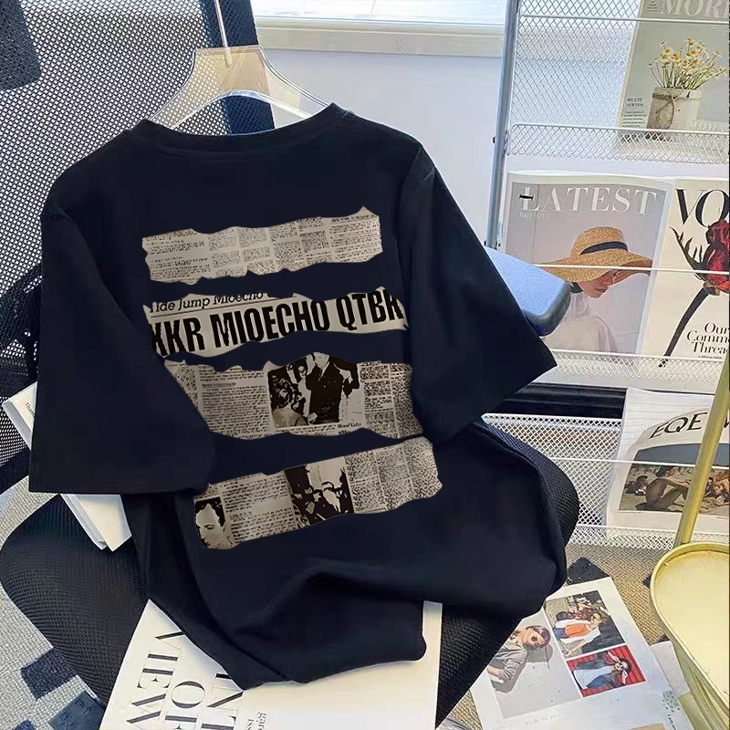 KOIKOO T Shirt Old Newspaper Retro Korean Style Kaos Oversize Wanita Atasan Wanita Kekinian 100%Cott