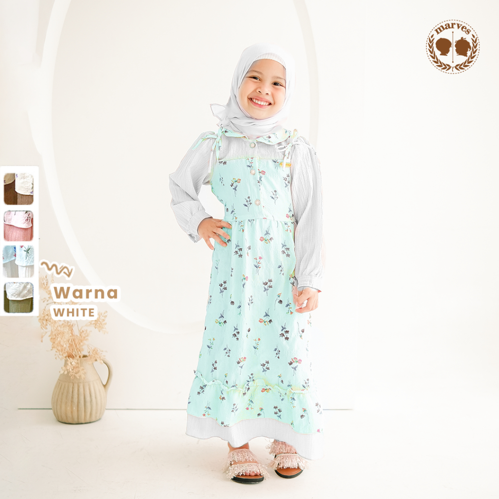 MARVES Noura Baju Gamis Anak Perempuan Set Hijab Bahan Crinkle Usia 1 Hingga 14 Tahun-White