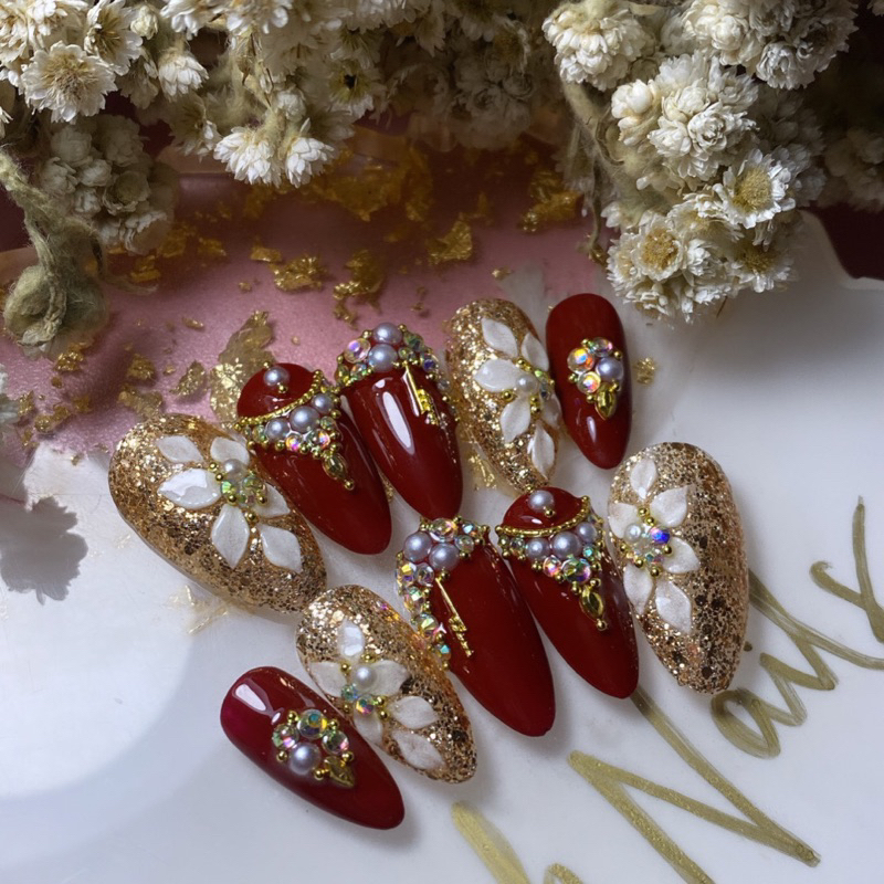 MAROON GOLD GLAMOUR/ KUKU PALSU MAROON/ FAKE NAILS WEDDING/ CUSTOM FAKE NAILS/ PRESS ON NAILS
