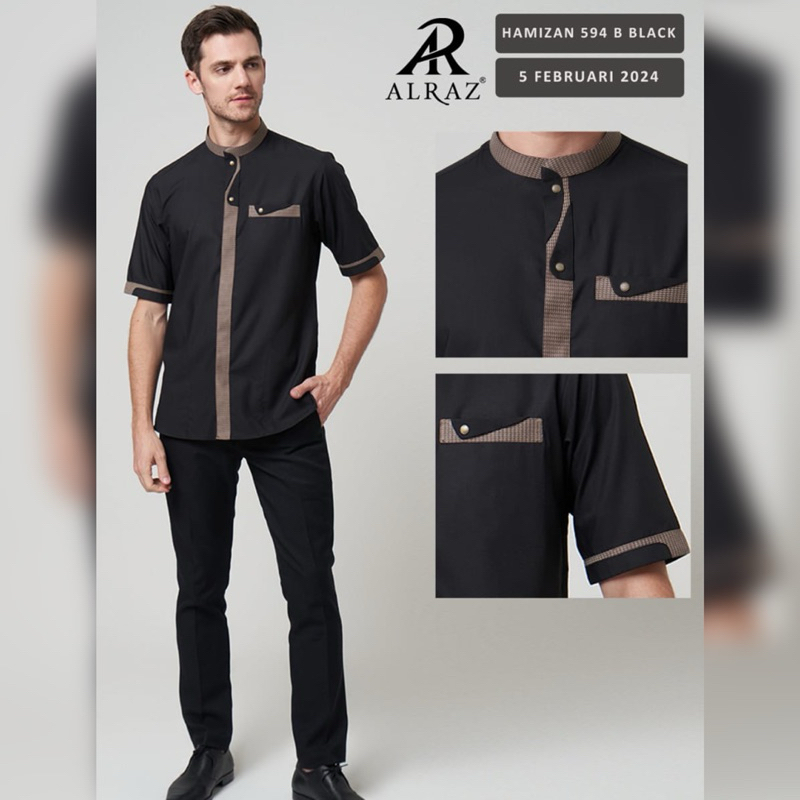 ALRAZ Baju Koko Hitam Kemko Pria Dewasa Cotton Premium Lengan Pendek ~ Busana Muslim Pria Dewasa Kok