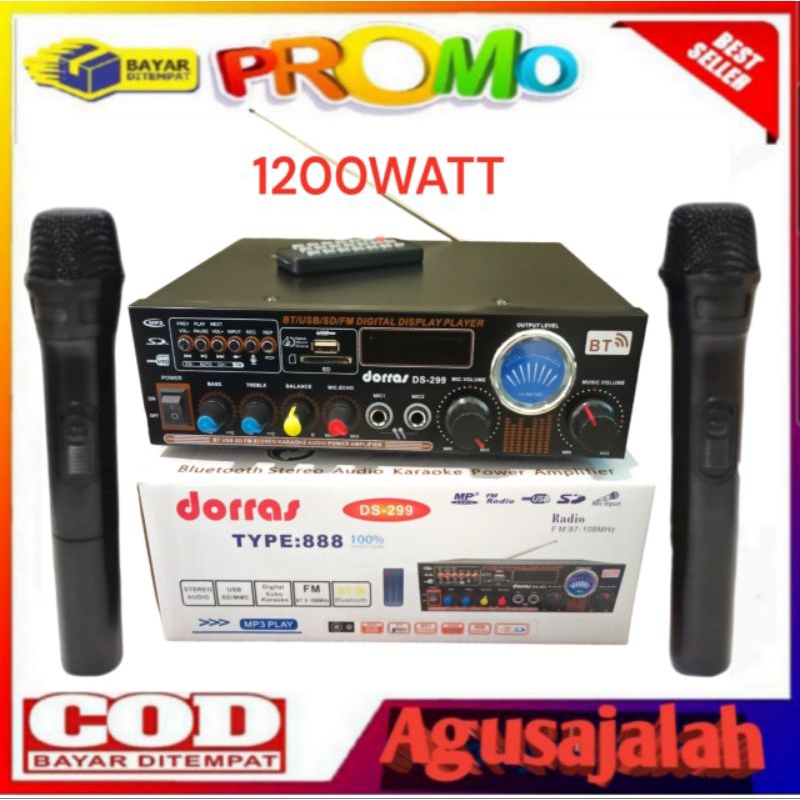 PAKET AMPLI  DAN MIC 2 AMPLIFIER 299 Dorras Power amplifier DS-299 Ac dan DC Ampli Bluetooth 1200 W