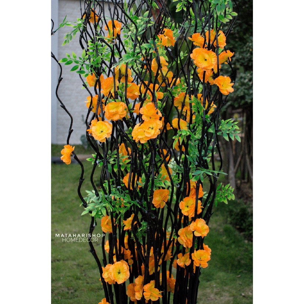 Hiasan Rumah Vintage 10 Btg Bambu Ulir Hitam Anyelir Kuning Gradasi 170cm (Tanpa Pot)