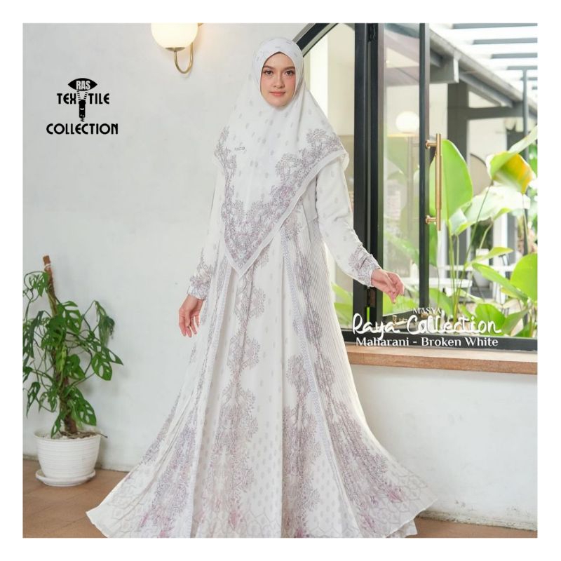 Set Gamis Dress Ceruty Silk Maharani Printing Premium Syari Putih Broken White -  putih tulang - put