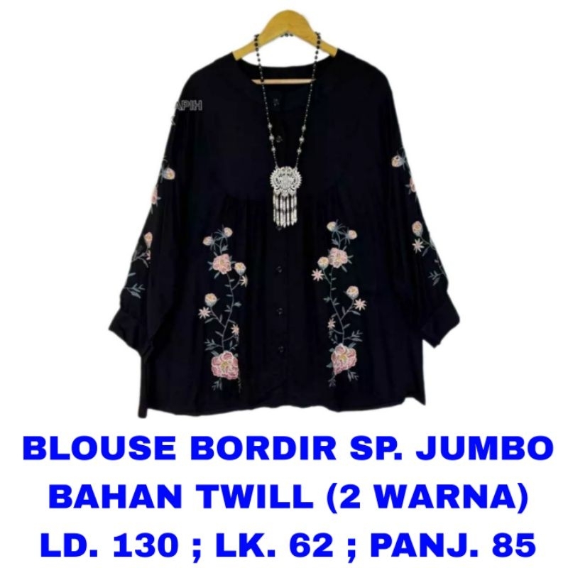 WK BLOUSE BORDIR WANITA SUPER JUMBO LD. 130 ATASAN HITAM PUTIH LENGAN PANJANG