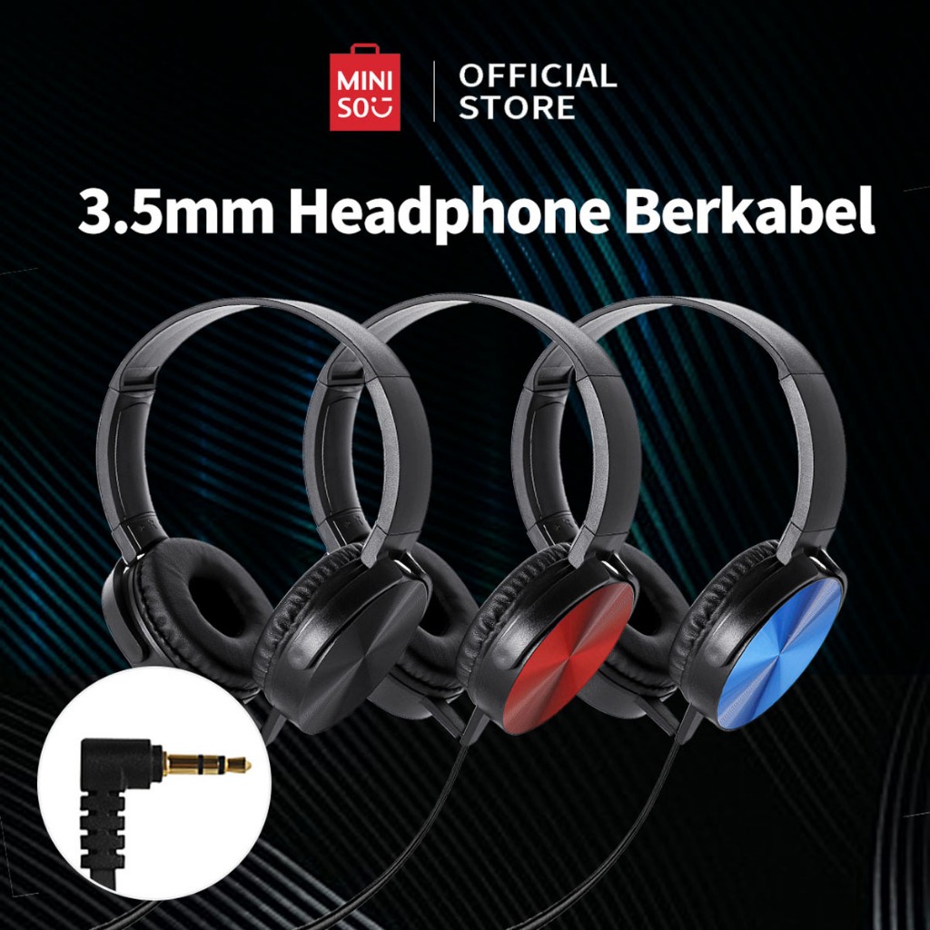 MINISO Headset Berkabel Ikat Kepala yang Dapat Disesuaikan dengan Mikrofon, Jack 3,5 mm