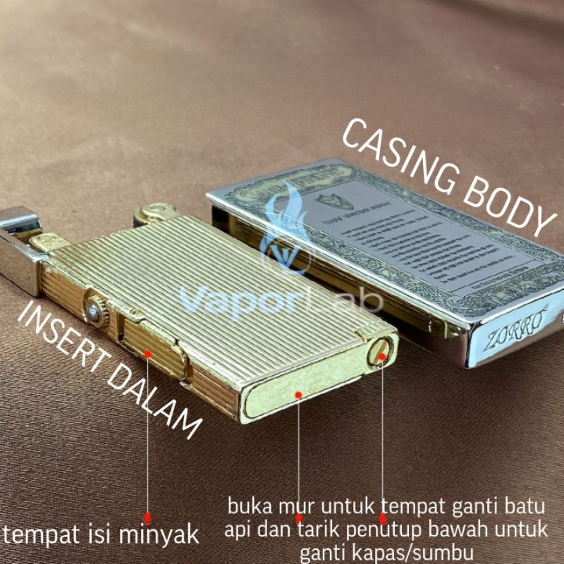 PWR FM KOREK API SUMBU MINYAK ZORRO 753 SLIM VINTAGE BRASS COPPER OIL LIGHTER GIFT BOX