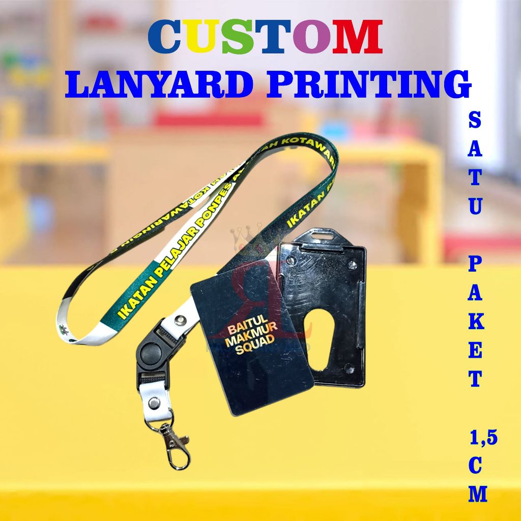 

SATU PAKET TALI LANYARD 1,5CM 2 SISI + ID CARd + CASING/SEPAKET GANTUNGAN ID CARD SIAP PAKE TERMURAH
