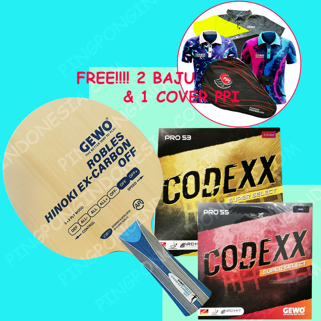 Paket Gewo Robles Hinoki Ex-Carbon OFF - Set Rakitan Blade Kayu Pingpong Tenis Meja Bet Rakit Karet Rubber Free Baju Cover Bat Tenismeja Gewo Codexx Pro 53 SuperSelect 55