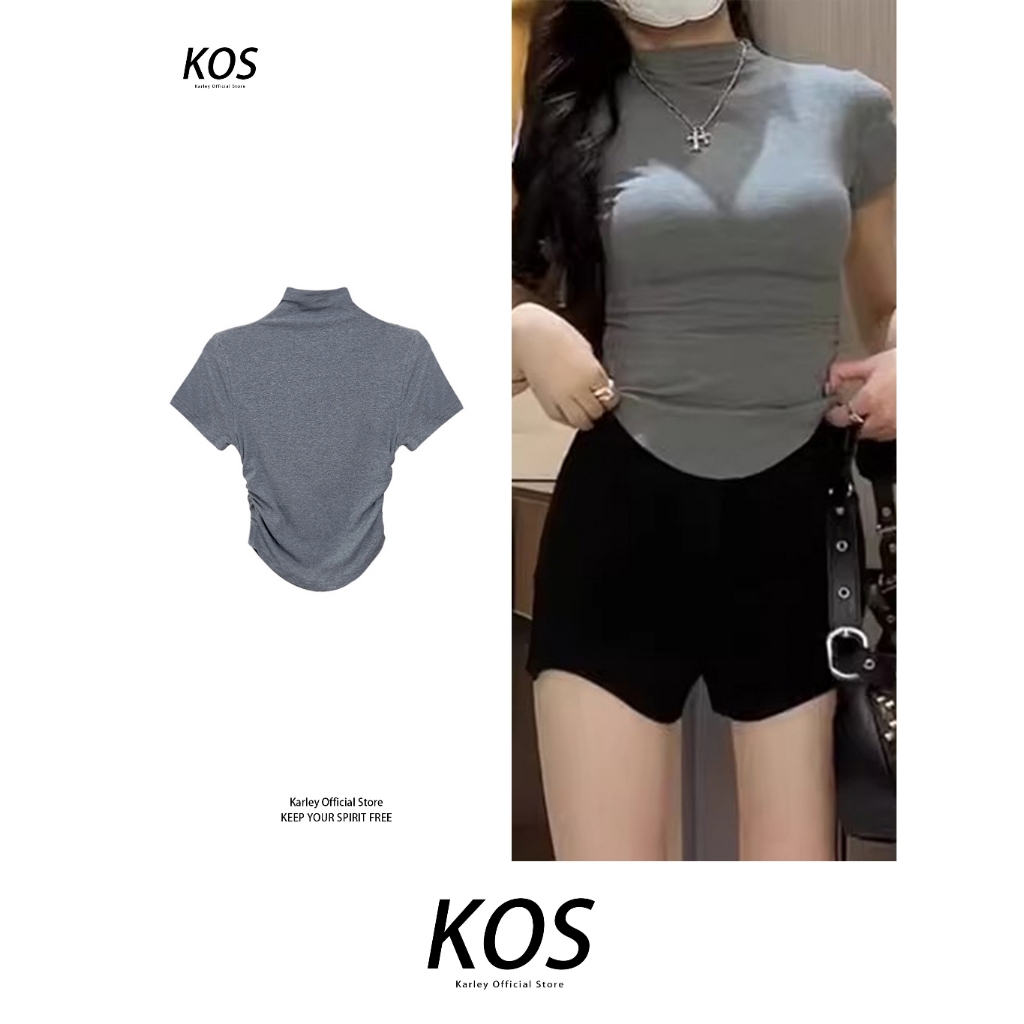 Atasan Abu-abu Turtleneck Pas Ramping/T Shirt Polos Slim Fit Hot Girl/Kaos Crop Wanita Gadis Seksi/K