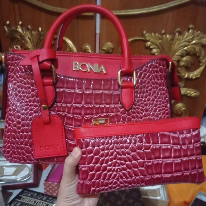tas Bonia croco merah + dompet croco