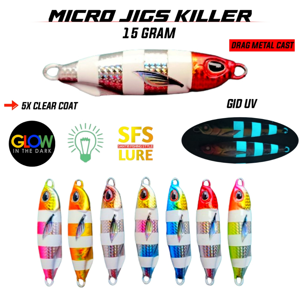 Micro jig 15gram metal jig 15gram drag metal cast glow in the dark zebra gid umpan pancing laut fish