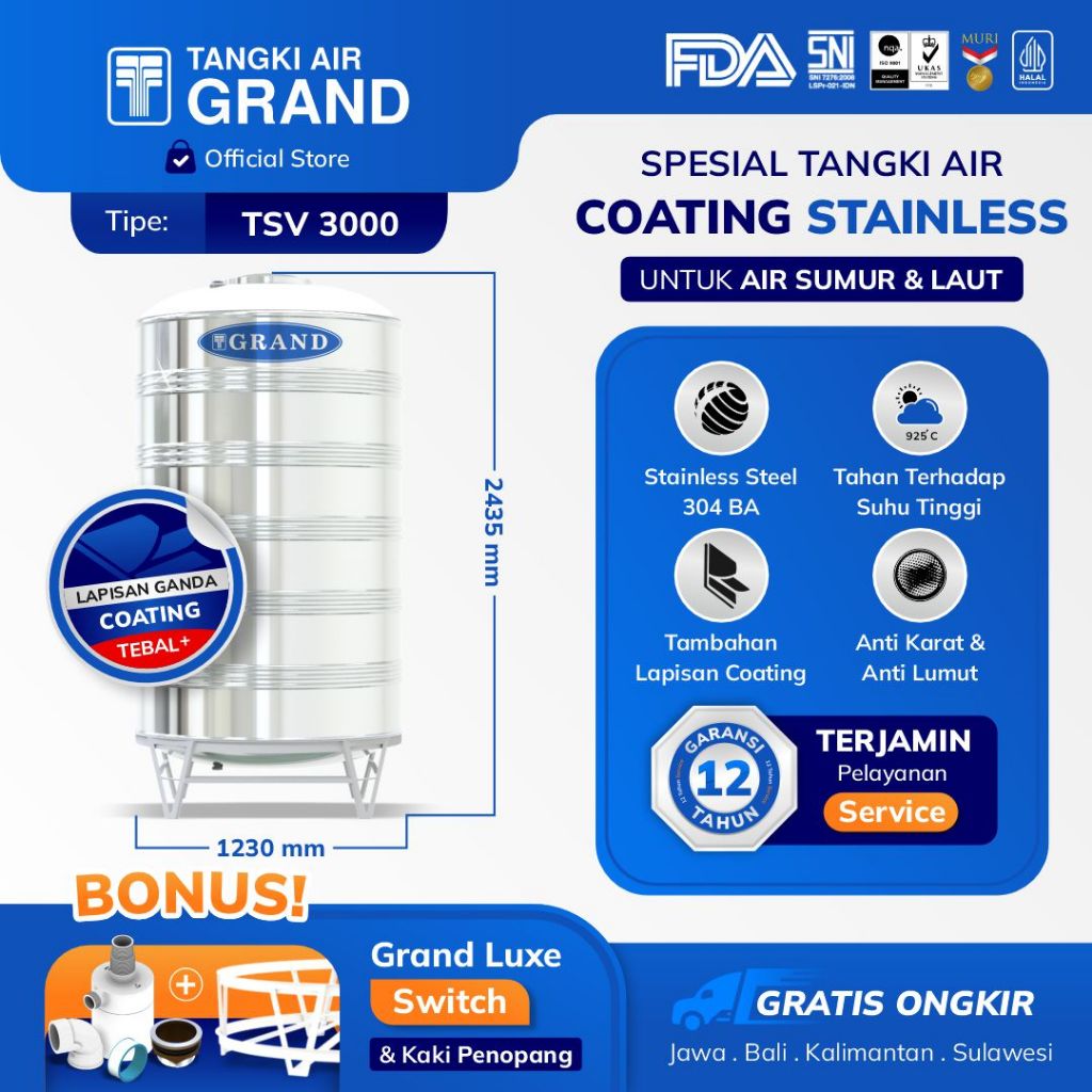 Toren Tandon Tangki Air Stainless Coating Grand TSVS 3000 Anti Lumut Halal Garansi 12 Tahun