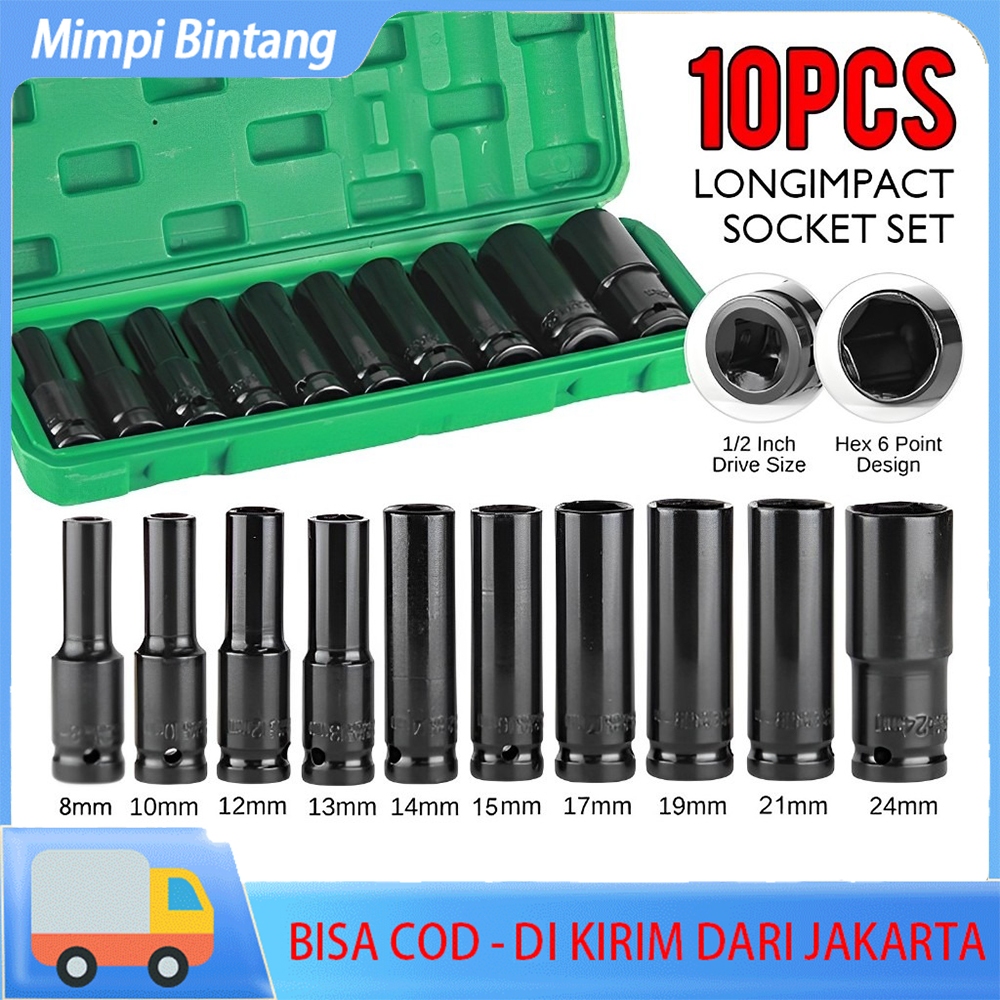 10PCS 1/2 Inci LongImpact Socket Set Alat Socket Set SocketConverter Alat Set Hitam