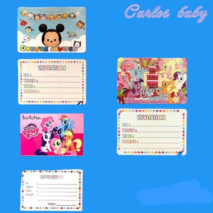 KARTU UNDANGAN ULTAH LITTLE PONY HELLO KITTY TSUM2 BT21 FROZEN UNICORN PINK UNGU 2 SISI UNDANGAN ULA