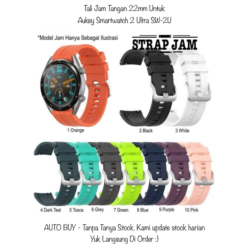 XLF 22mm Tali Jam Tangan Aukey Smartwatch 2 Ultra SW-2U - Strap Rubber Silikon Silver Buckle
